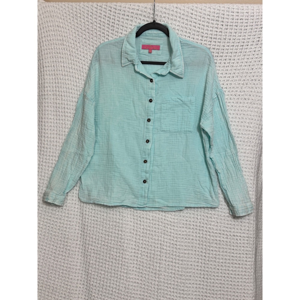 Simply Southern Womens Top Button Down Shirt‎ Gauze Light Blue M Medium